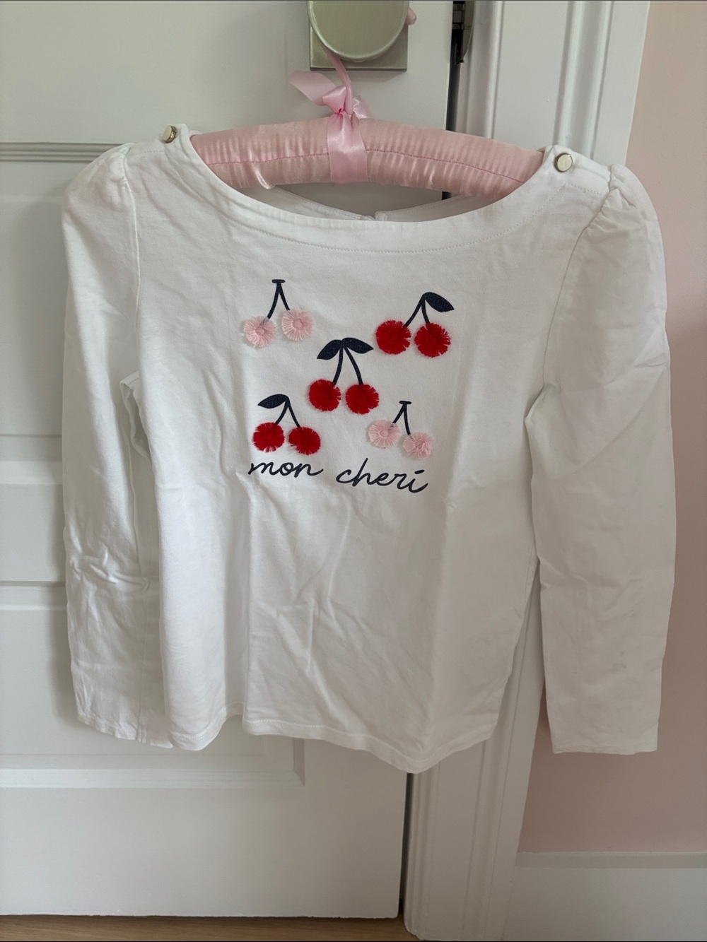 Janie and Jack White Long Sleeve Tee with Red & Pink Pom Cherries